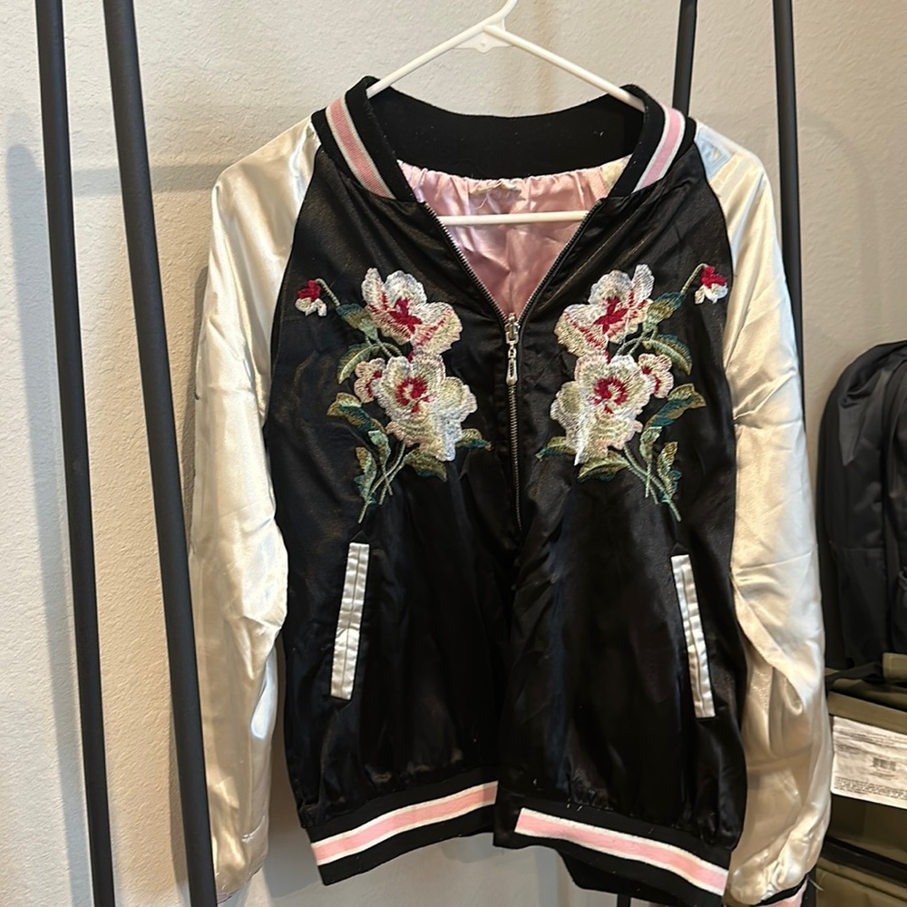 Reversible Embroidered Satin Bomber Jacket